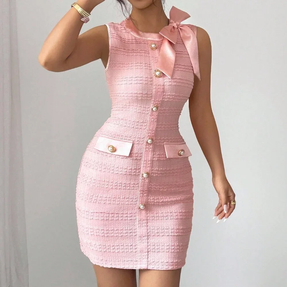 Pink Elegant Women's Fitted Mini Dress with Bow & Pearl - Picture 1 of 5